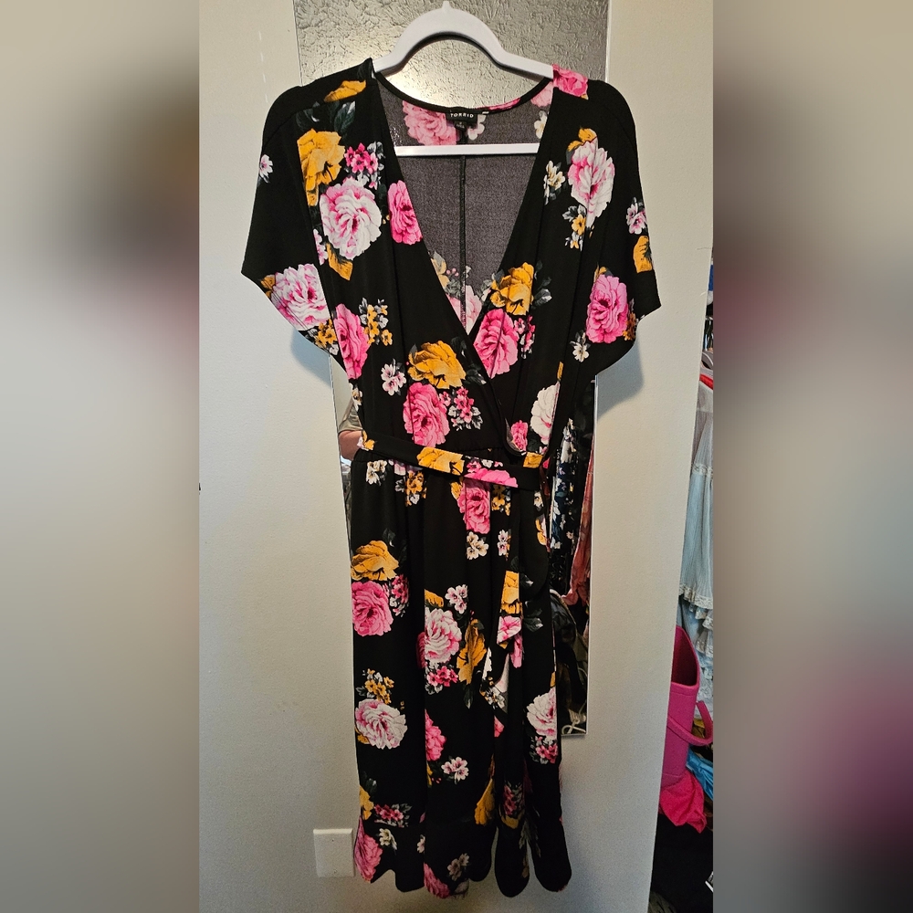 Torrid Black Dress with Pink and Yellow Floral Pattern